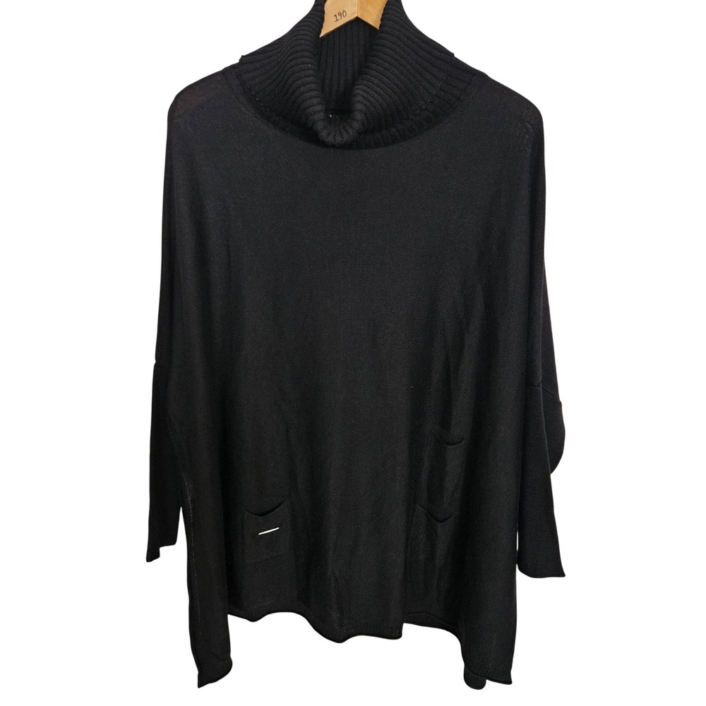 Monari Black Oversized Turtleneck Sweater Dolman Sleeve Pocket Detail Chic